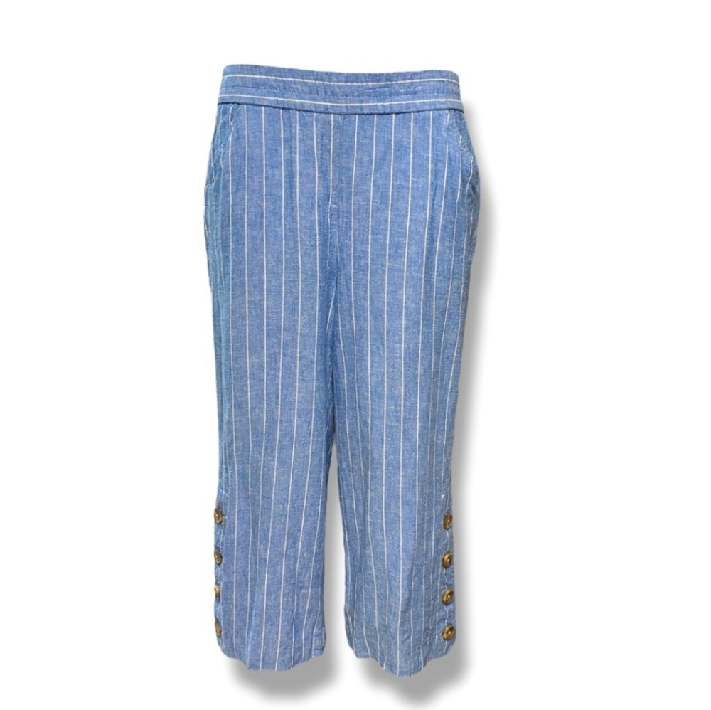 LAND N SEA Blue White Striped Linen Blend Pull On Capri Pants Button